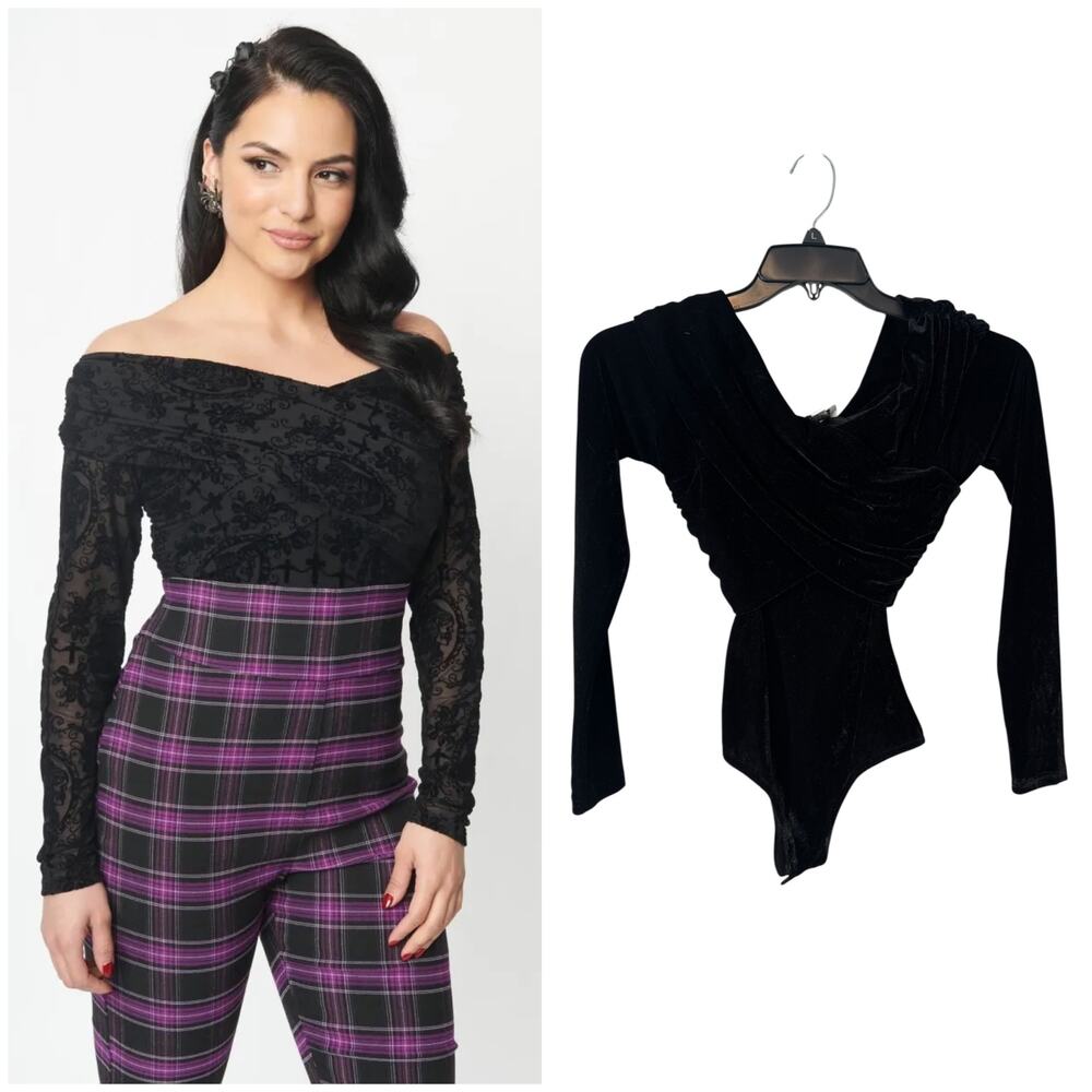 Unique Vintage Saturday Night Black Velvet Off the Shoulder Bodysuit Small